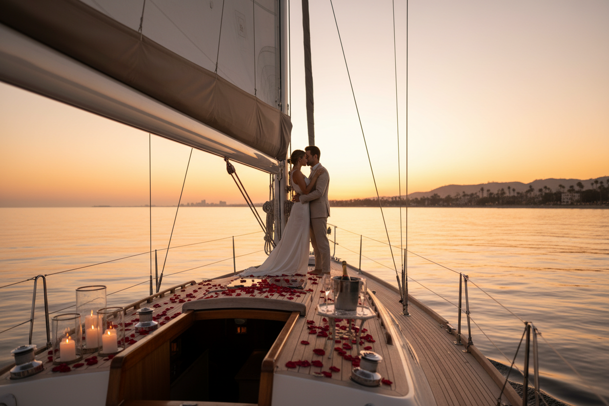 Velero romántico de lujo al atardecer para parejas en luna de miel
