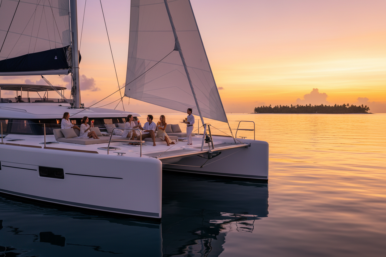 Catamarán de lujo navegando al atardecer en aguas tropicales